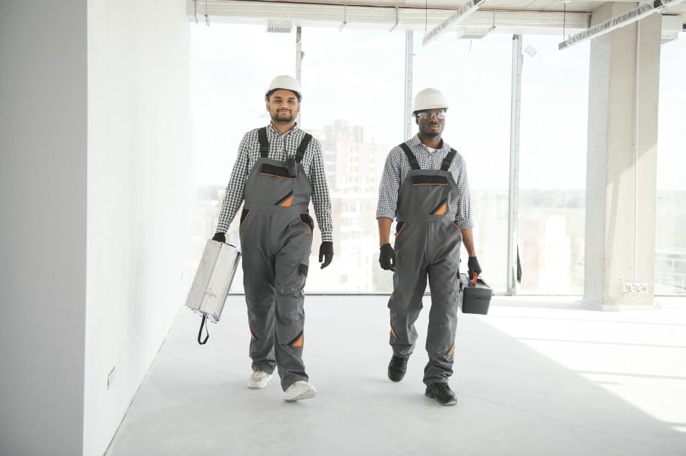 Two construction or maintenance workers in hard hats and overalls walking through an empty, newly renovated commercial space.